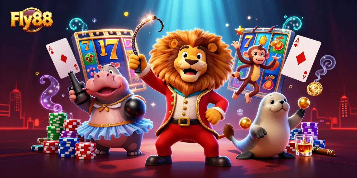 Fly88 showcases a vibrant scene with lively circus characters and slot game elements surrounding them.