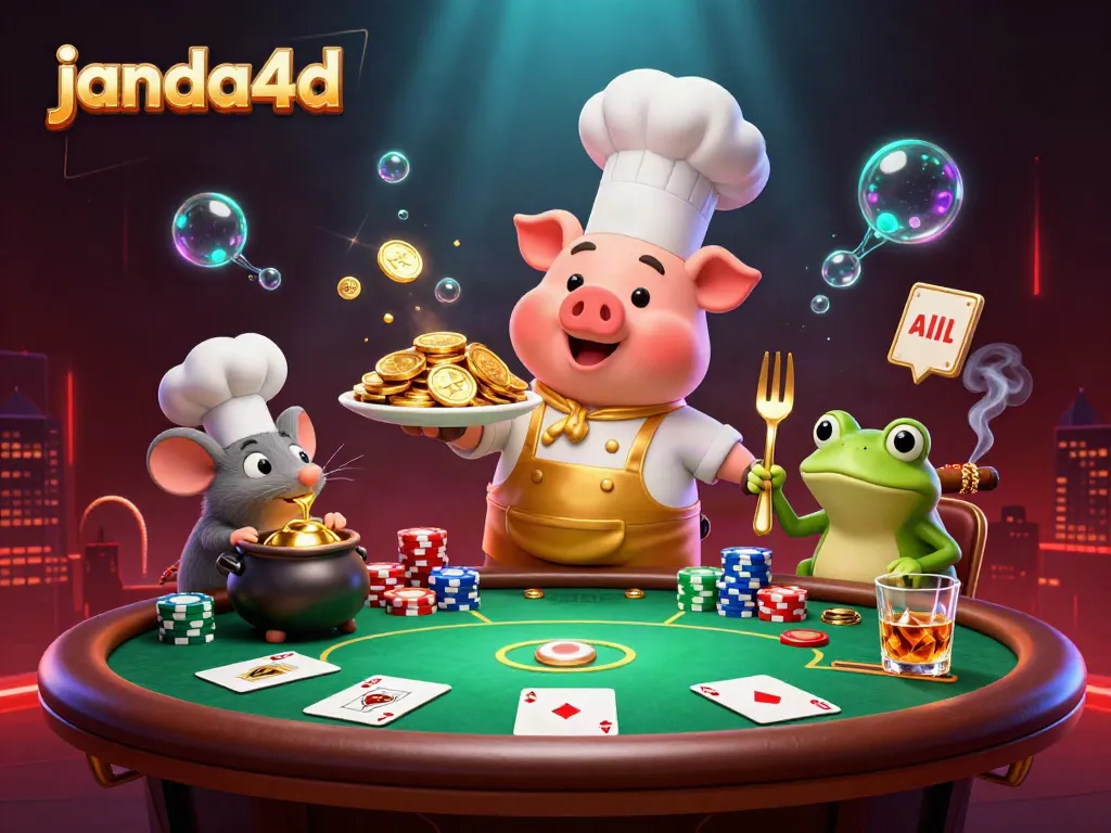 Ilustrasi kasino 3D janda4d dengan babi juru masak, menciptakan suasana menarik dalam permainan.
