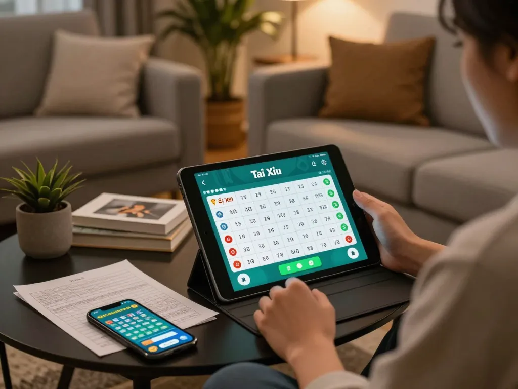 Playing the app tài xỉu online on a tablet while relaxing at home, showcasing a gaming setup.