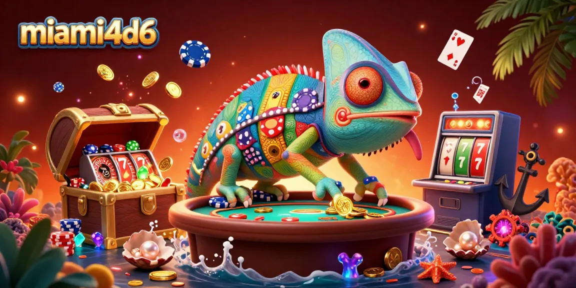 Experience thrilling casino action with miami4d6's vibrant chameleon owner amid floating playing cards.