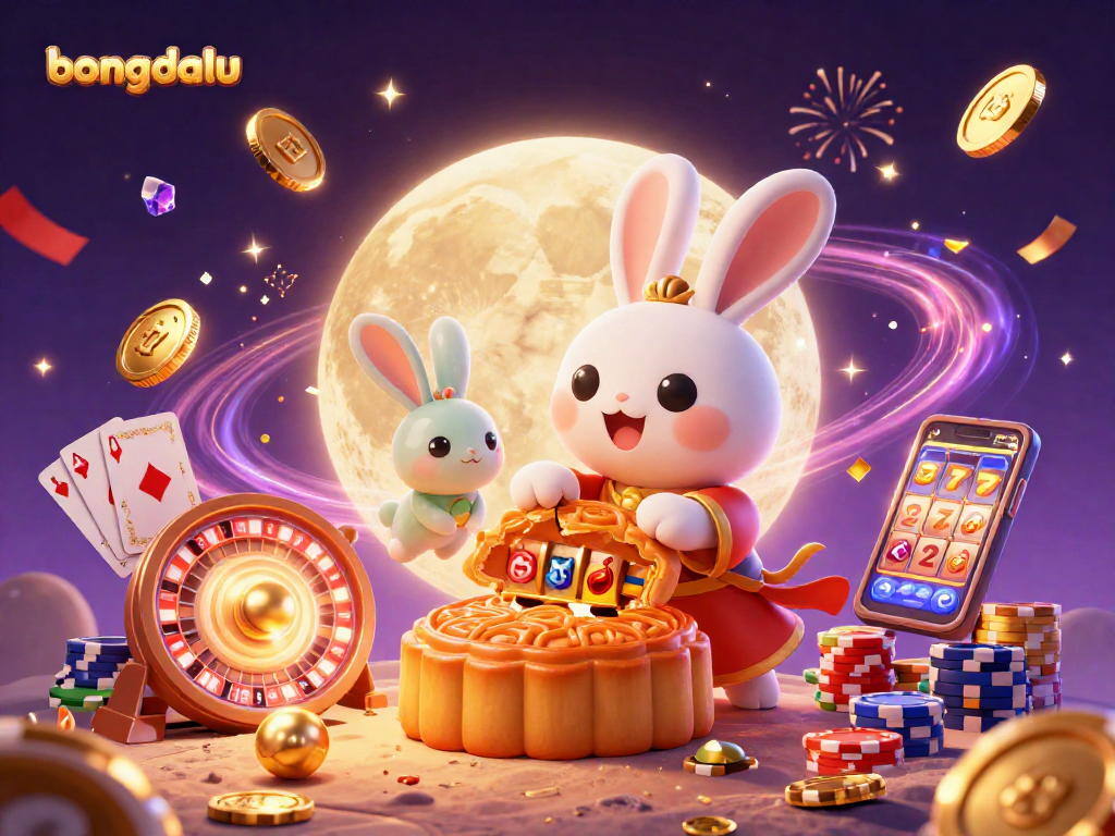 Engage with bongdalu's vibrant 3D casino scene featuring the moon rabbit and slot symbols.