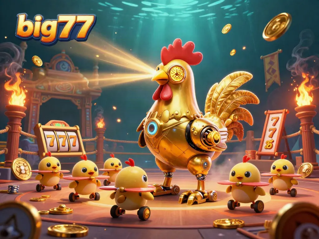 Experience the exciting world of big777 slots with a dazzling 3D illustration of a golden rooster robot and baby chick drones surrounded by jackpot games and vibrant casino elements.
