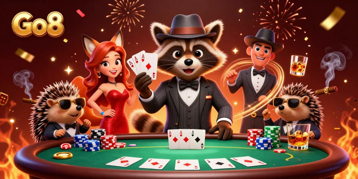 Go8's vibrant casino scene with a raccoon, fox, and hedgehog celebrating a poker win.