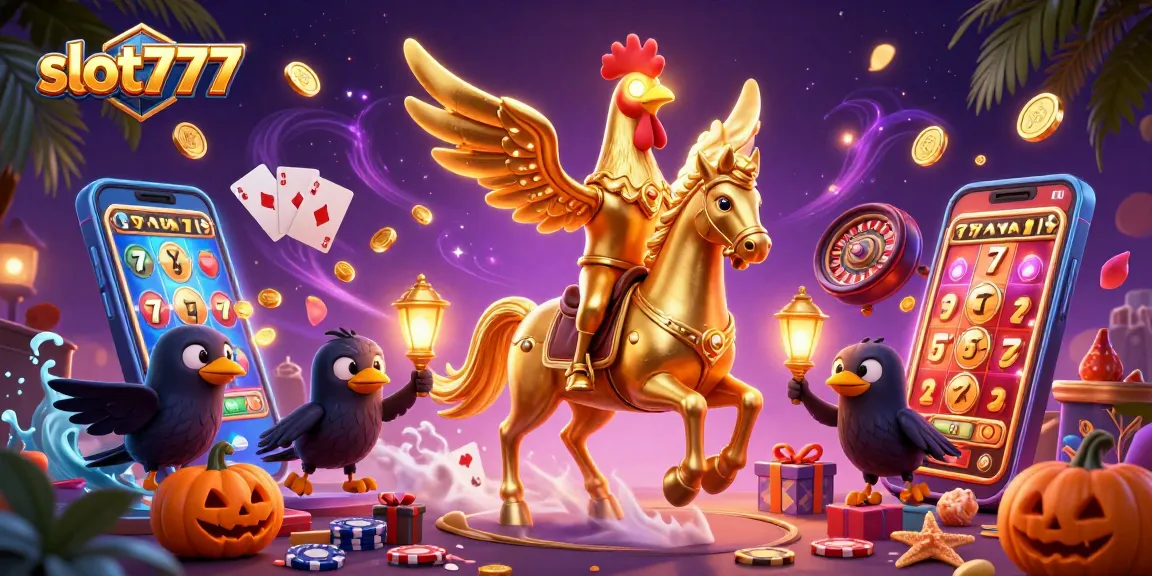 Experience thrilling wins at slot777 with golden rooster characters amidst dynamic casino elements.