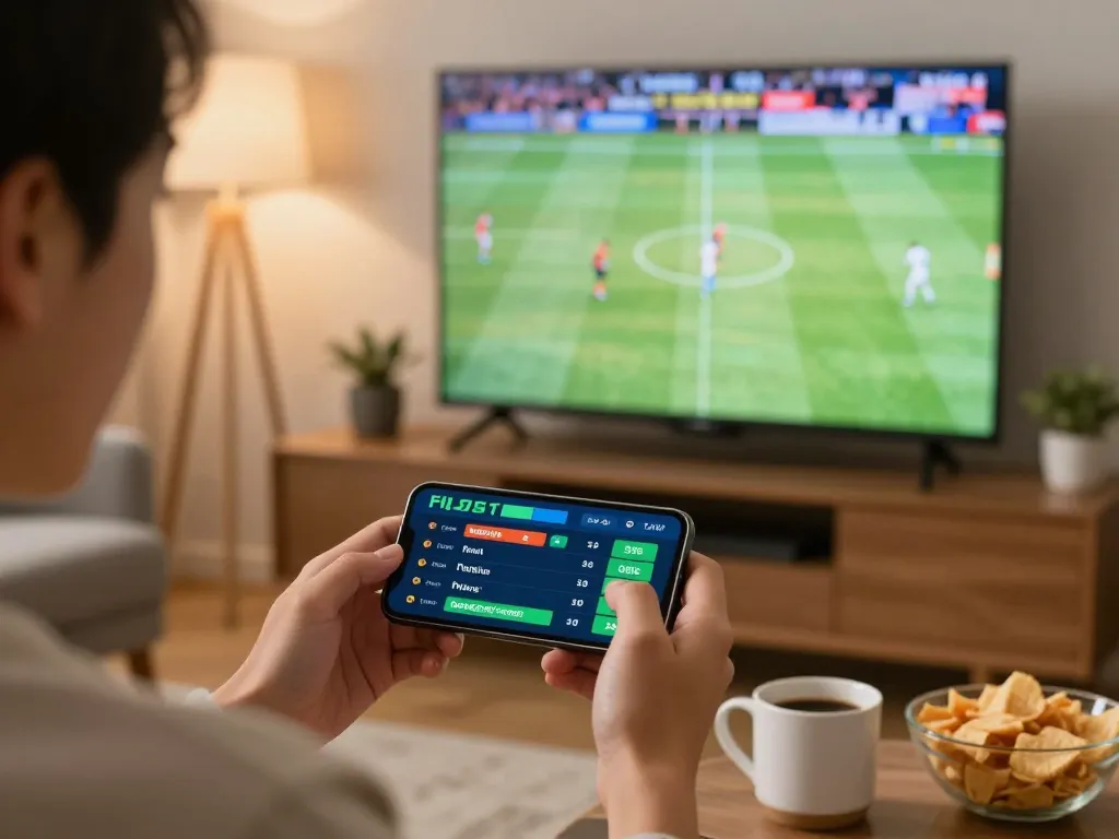Engaging in live sports betting on smartphone at home, showcasing n188 com excitement.