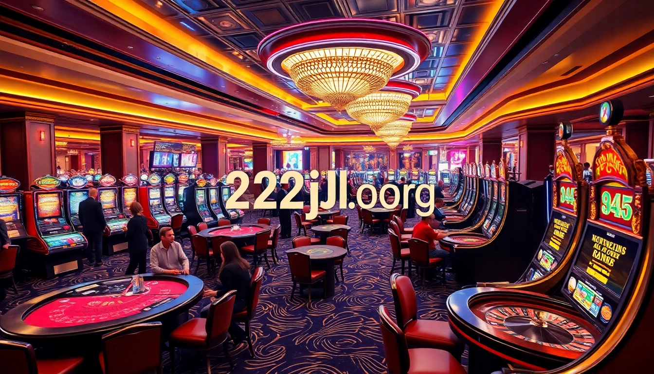 Experience excitement at 22jl org, featuring a vibrant casino floor with tables, slot machines, and players.
