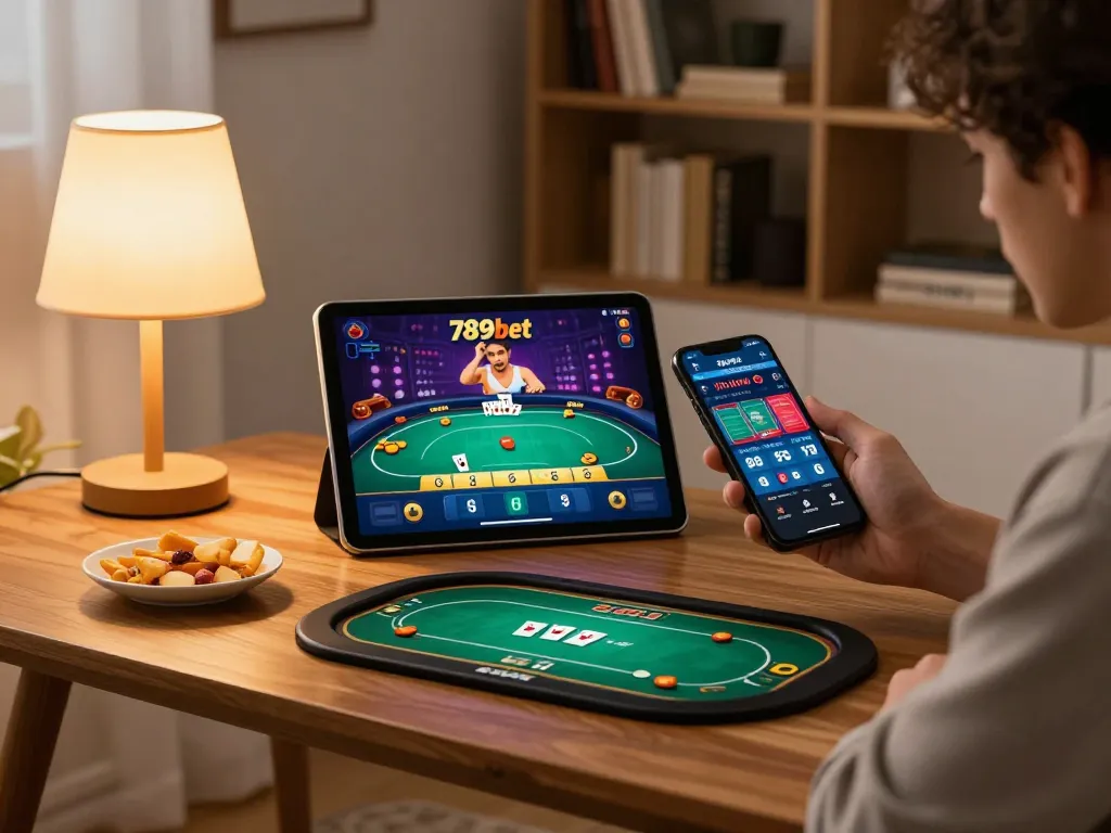 Player enjoying online gaming experience with 789bet app on smartphone in cozy setting.
