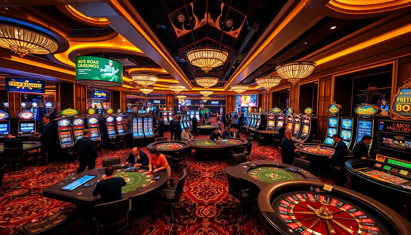 Exciting casino scene at kubet88 featuring lively poker tables and vibrant slot machines.