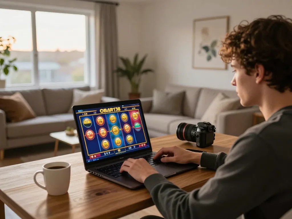 Engaging online player at OBOR138 enjoying situs gacor slot games on laptop at home