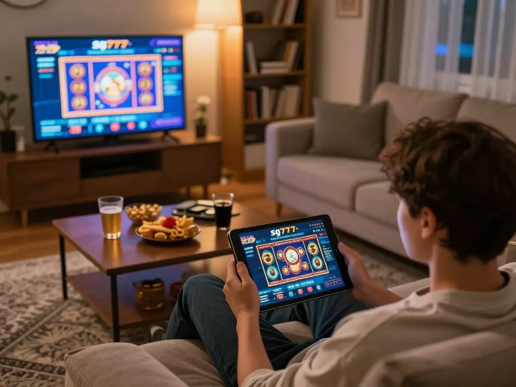 Engaging moment of a player using sg777 for online slots and poker at home, showing excitement and comfort.