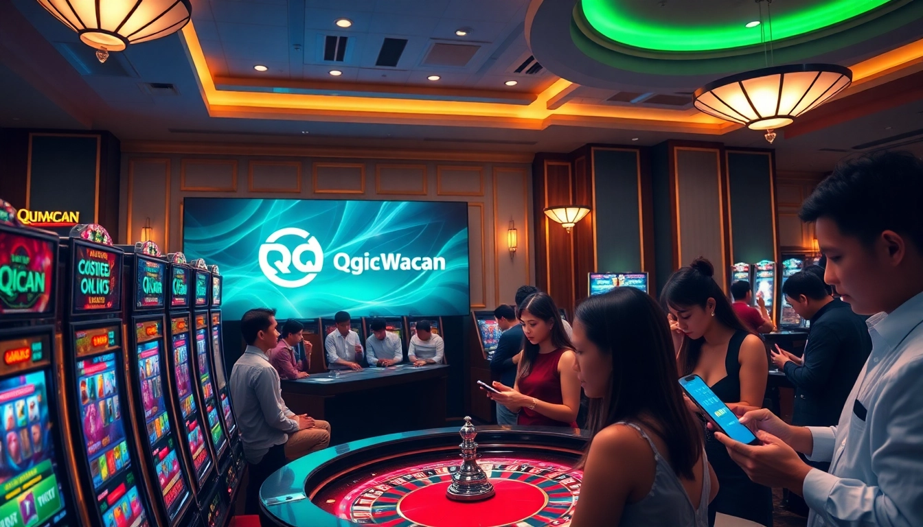 Experience thrilling gameplay at QQMacan with vibrant slot machines and roulette tables in a luxurious casino setting.
