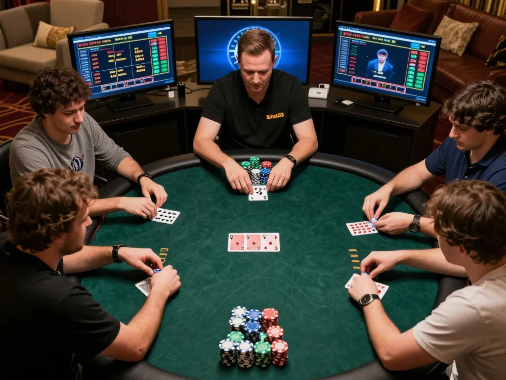 Players strategizing in an online King33 poker game, showcasing intense focus and colorful chips.