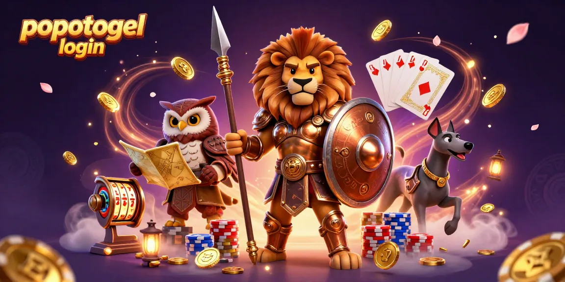 Engage with popotogel login while enjoying a vibrant 3D illustration of a Spartan lion, tactical owl, and swift greyhound surrounded by casino elements.
