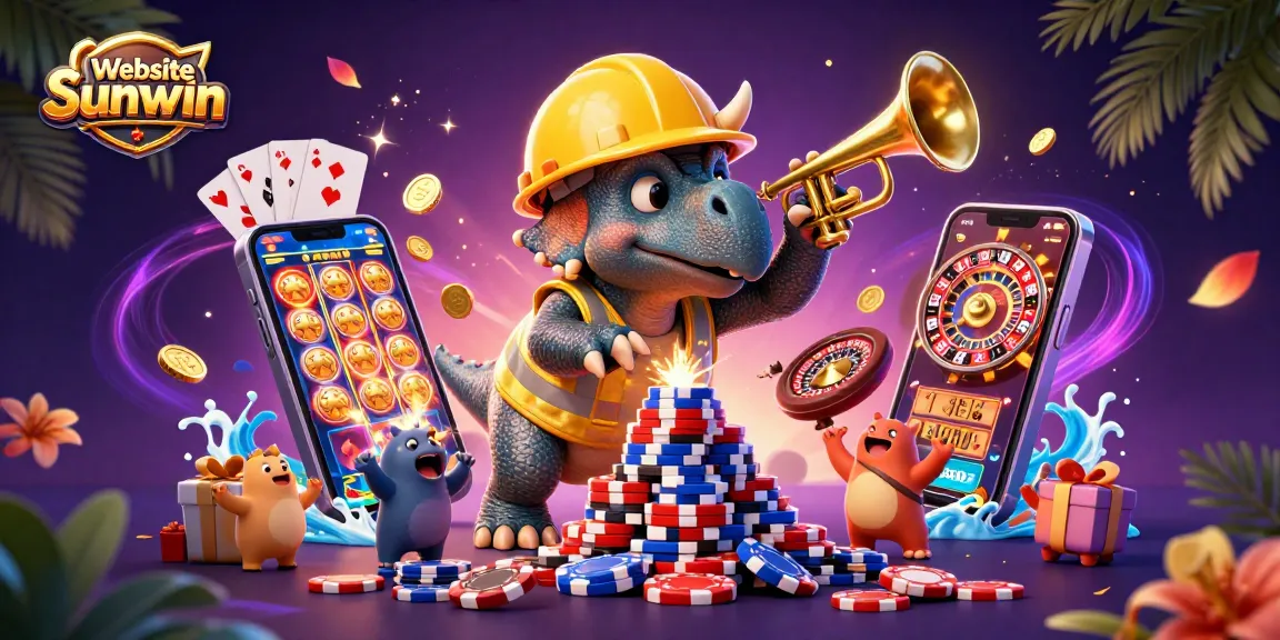 Engage with the exciting Website Sunwin gaming scene featuring colorful slot reels and animated celebrating dinosaurs.