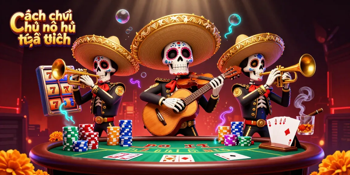 Cách chơi nổ hũ luôn thắng with vivid slot reels and colorful mariachi skeleton band illustration