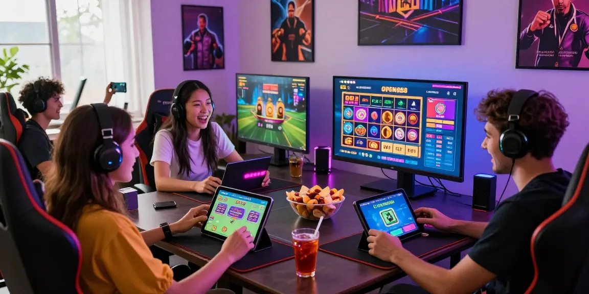 Friends enjoying an OPEN888 gaming session at home, vibrant atmosphere with devices and snacks.