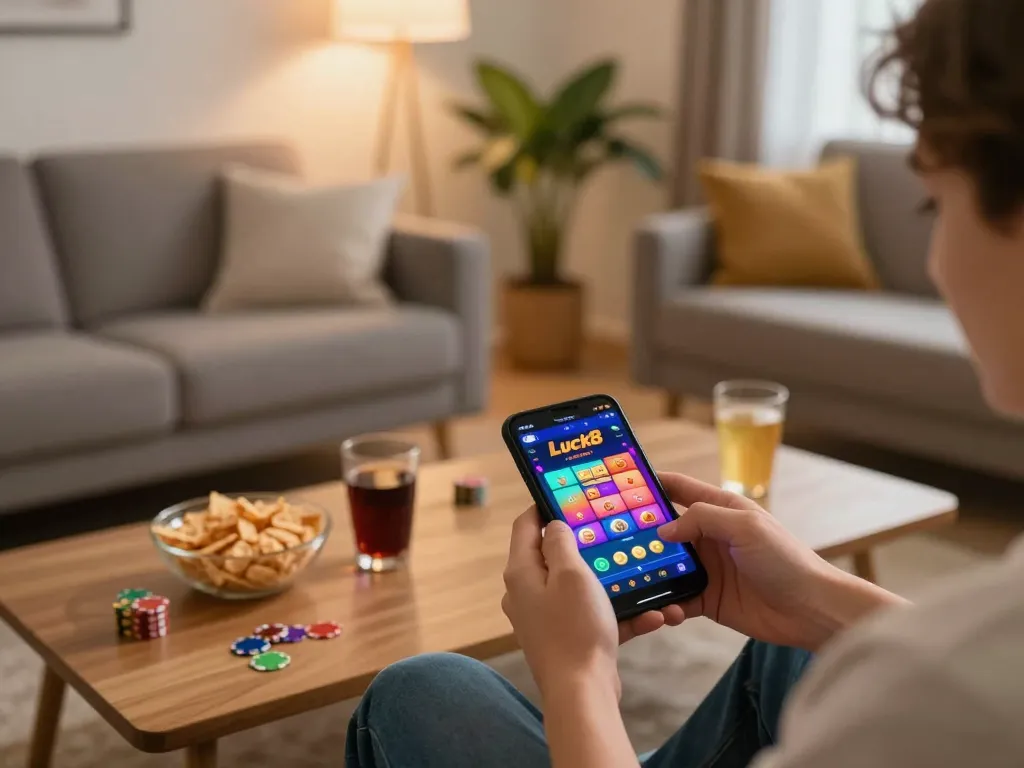 Attentive user logging in to LUCK8 for online gaming experience on a smartphone in a cozy setting.