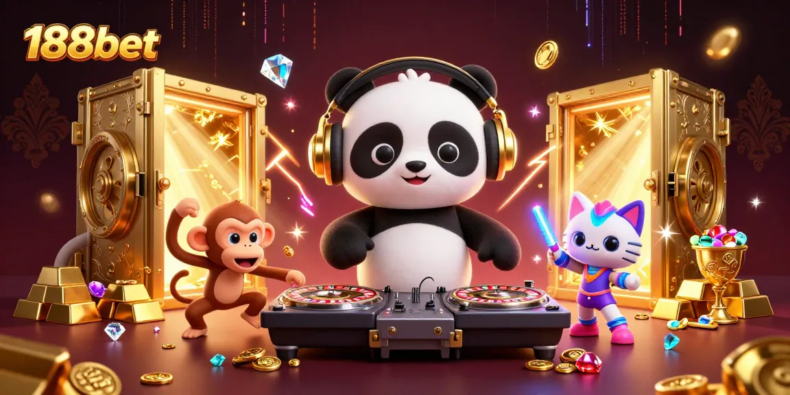 Experience the thrill of 188bet with a vibrant casino scene featuring a DJ panda and colorful characters.