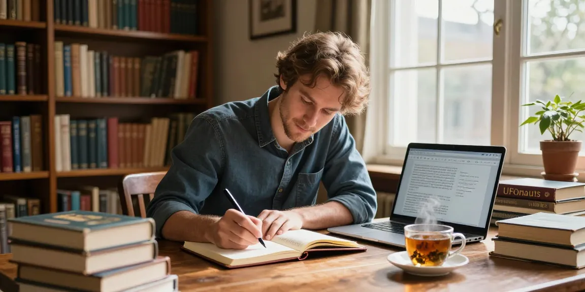 T Allen Greenfield writing about UFO phenomena at https://tallengreenfield.com in a cozy library.