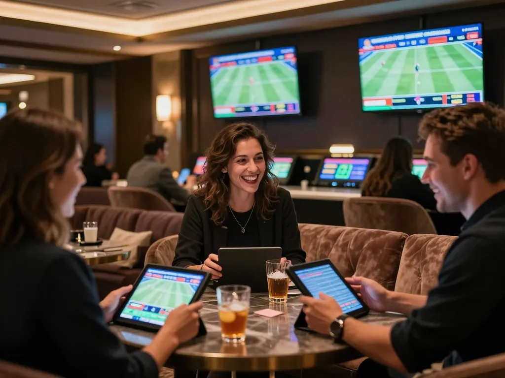 Smartcityhostels patrons engaged in live sports betting, showcasing excitement with tablets in a luxurious lounge