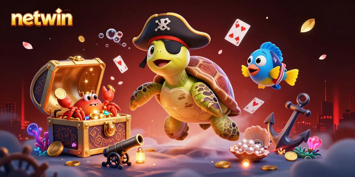 Play to win with netwin as the pirate turtle and friends float above treasures in a vibrant underwater casino.