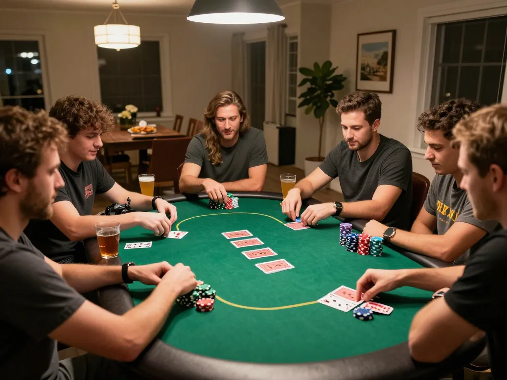 Friends at home enjoying a lively poker game with strategic play and vibrant atmosphere under warm lights.