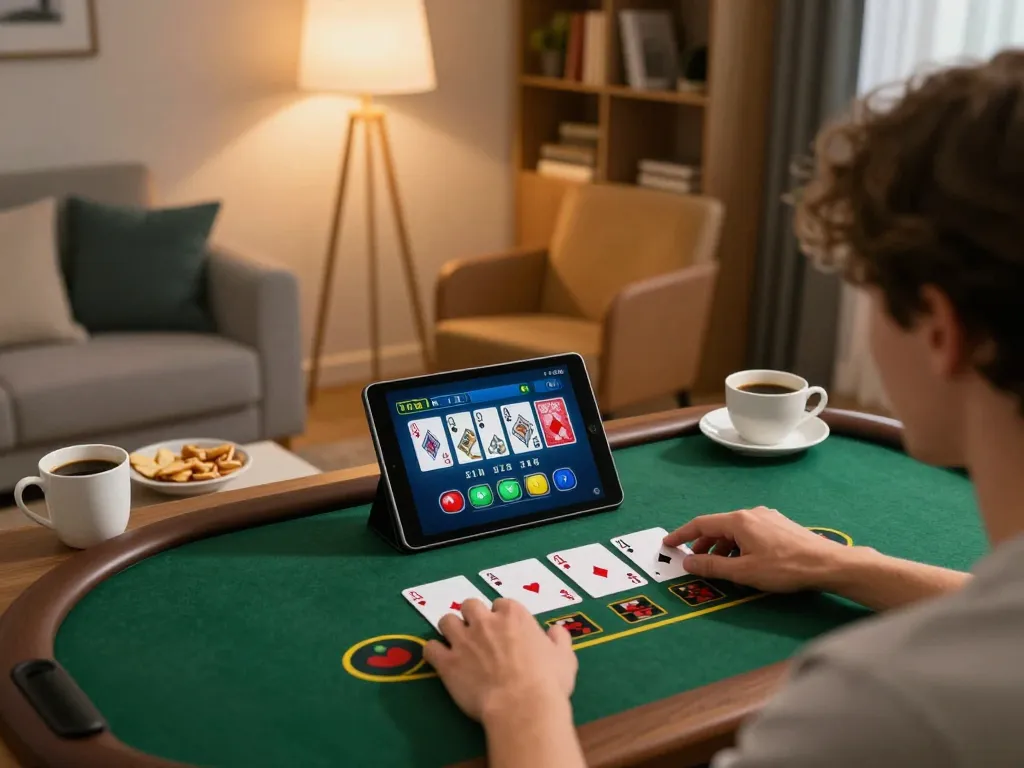 Engaged player checking data sgp while participating in live dealer blackjack on tablet