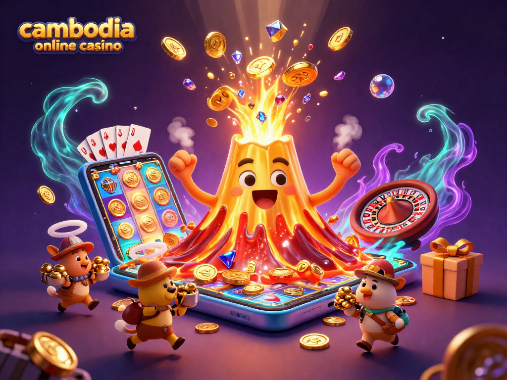 Experience thrills at cambodia online casino with dynamic illustrations of golden volcano and treasure.