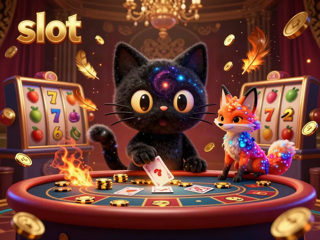 Gambar kucing hitam lubang dengan pola galaksi di meja kasino cosmic sembari menarik chip emas dan kartu slot.