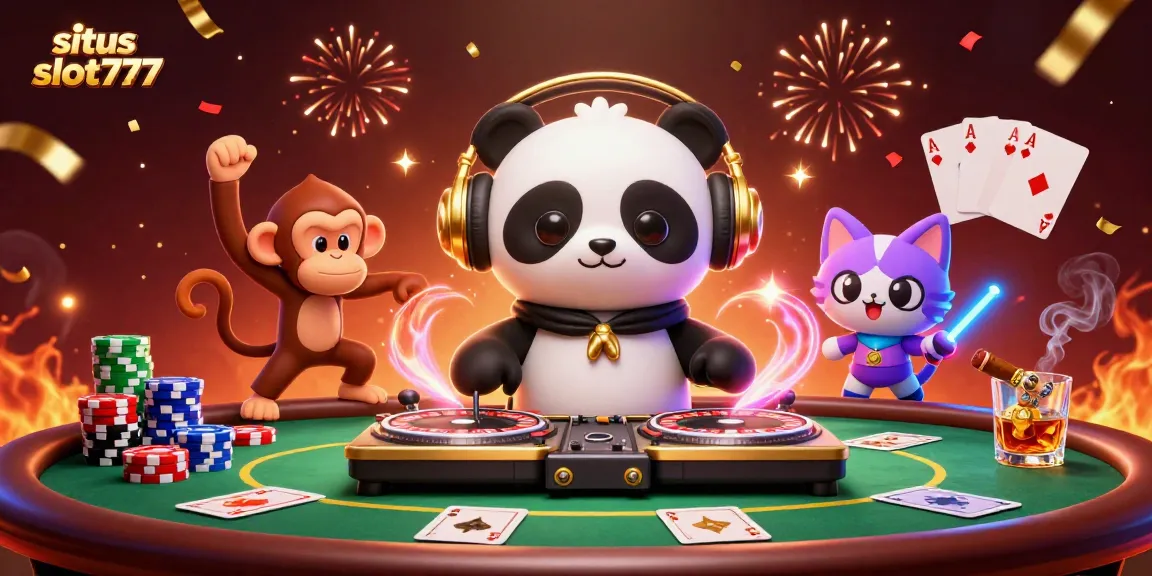 Slot777 menghadirkan permainan kasino dengan DJ panda, monyet breakdance, dan kucing berpesta di latar mewah.