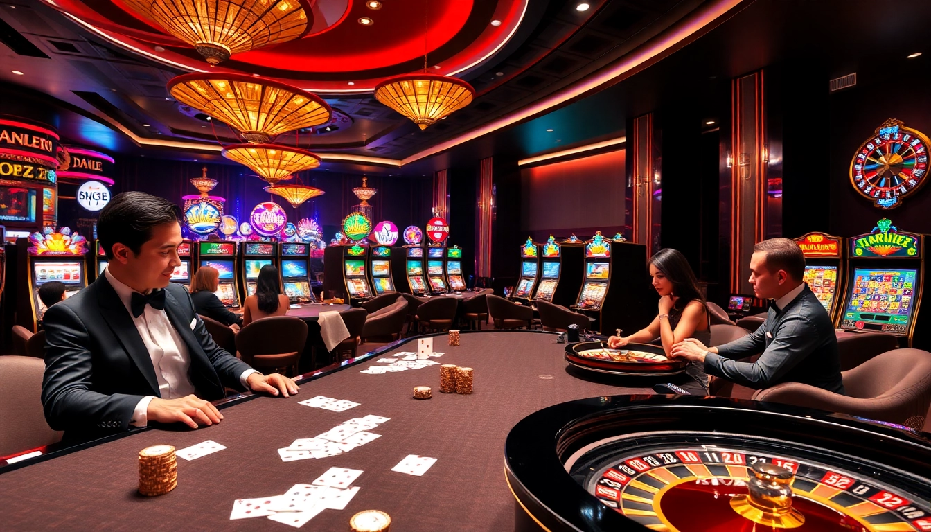Players enjoy high-stakes gaming at bro138, showcasing luxury casino ambiance with slots and tables.