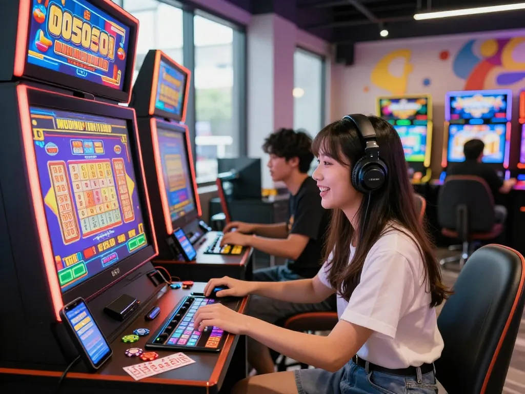 Youthful gamer enjoying toto togel at a dynamic online slot machine in a vibrant gaming lounge.