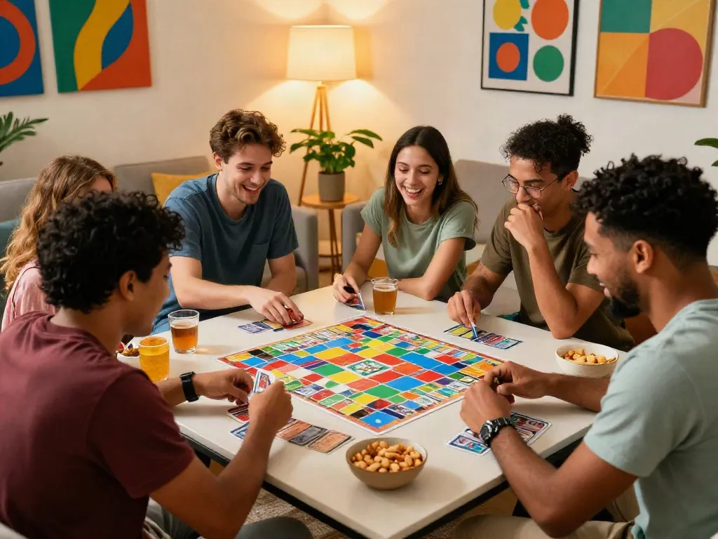 Friends enjoying an exciting game of rumble rummy in a cozy living room setting