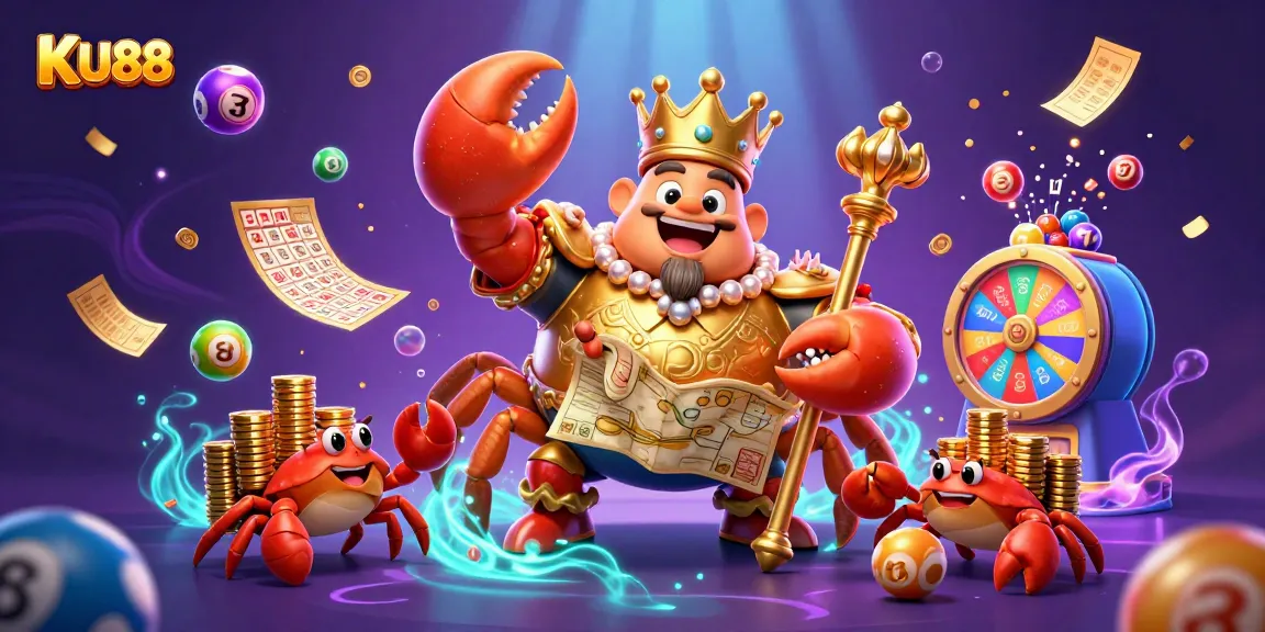 KU88 showcases a vibrant 3D casino world with a golden crab emperor amidst lottery elements.