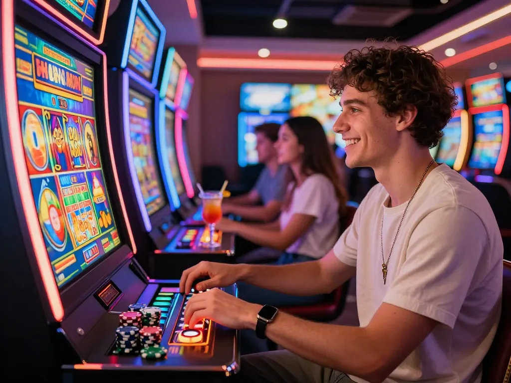 Situasi menarik seorang pemain di mesin situs slot menikmati suasana game yang hidup dengan lampu berwarna-warni.