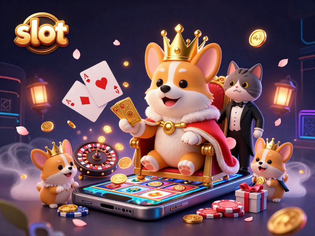 Spin the colorful slot reels in this royal casino scene featuring a crowned corgi.