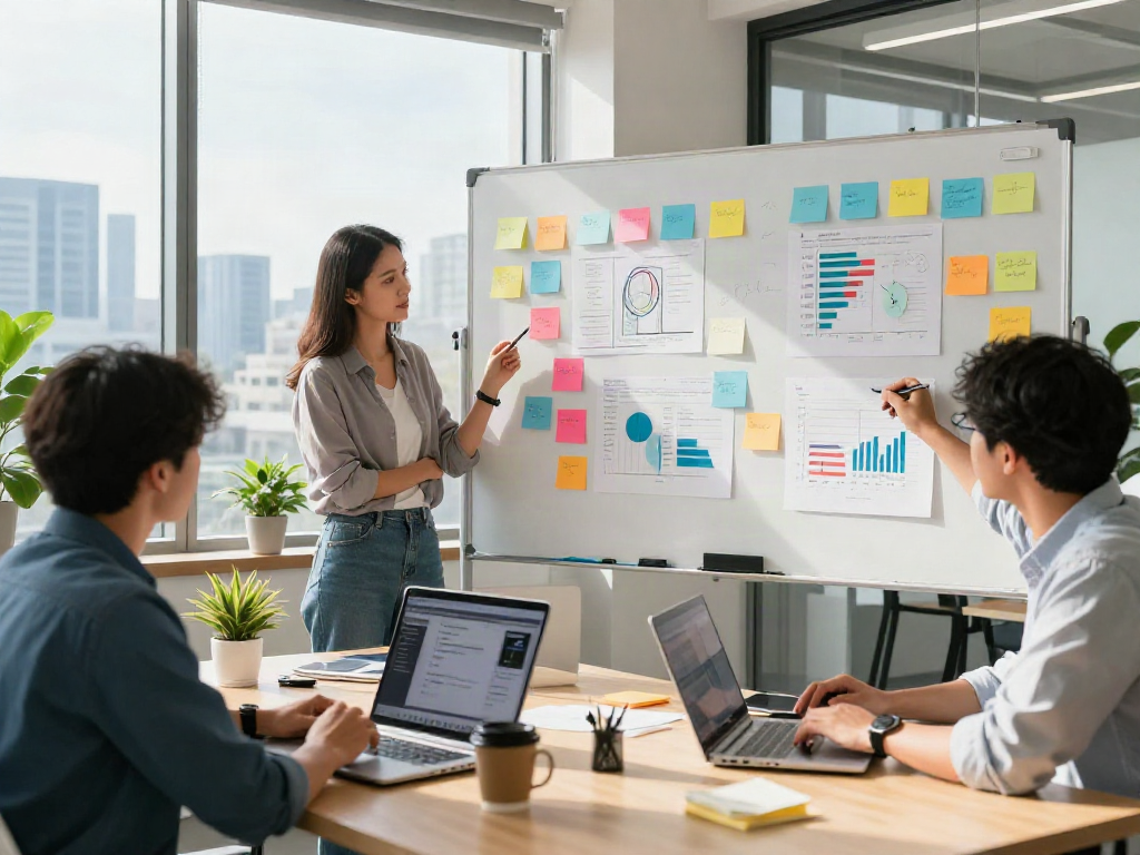 Marketers discussing innovative klik di sini strategies in a modern office