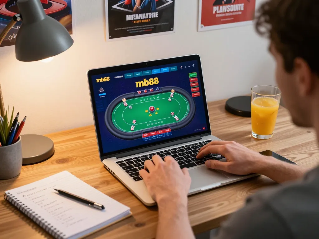 Engaging action at mb88 casino, showcasing a player exploring dynamic poker options on their laptop for responsible gaming.