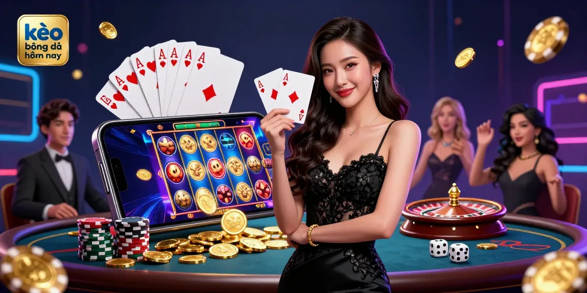 Bet on kèo bóng đá hôm nay with a glamorous Asian woman, ace cards, and casino elements.
