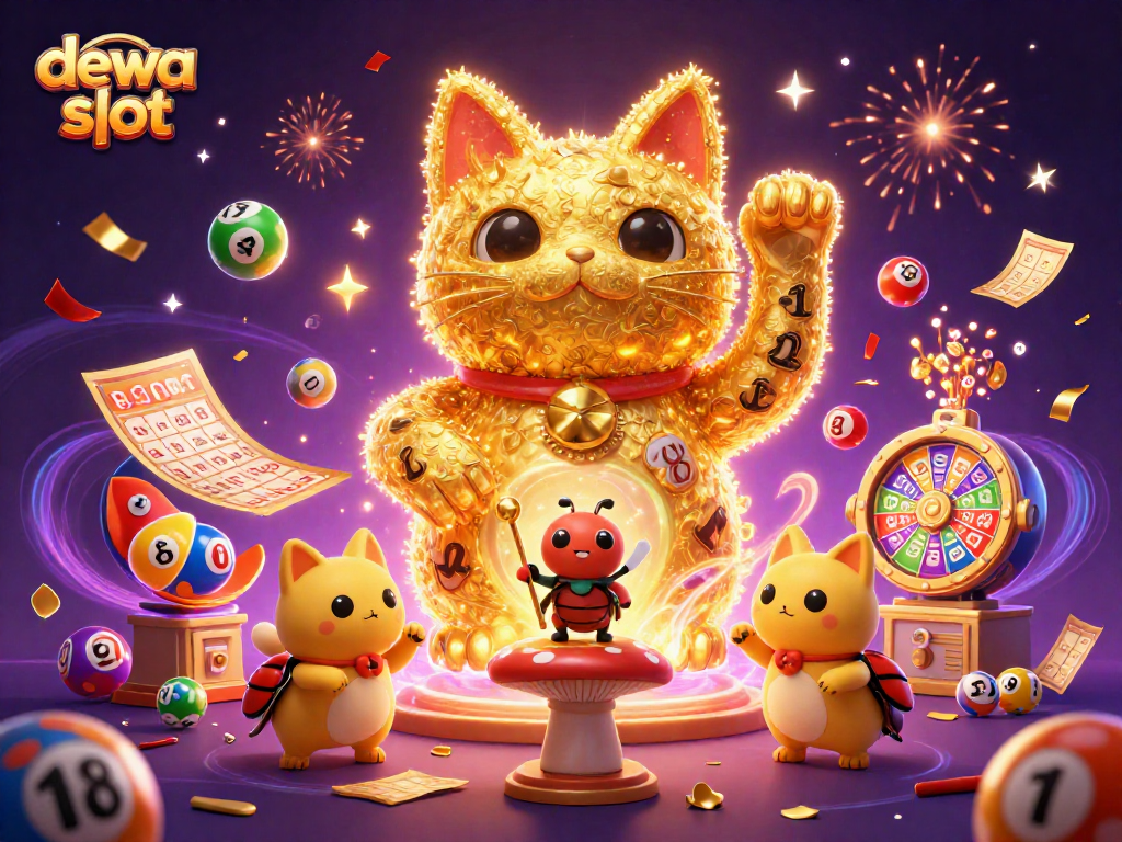 Menang besar dengan dewa slot yang dipenuhi simbol keberuntungan dan kebahagiaan di dalam kasino.