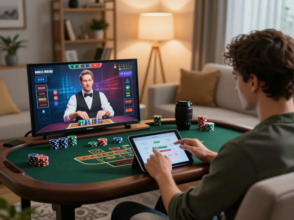 Engaged user playing blackjack at casinos not on Gamstop, showcasing strategic decision-making in a cozy home environment.