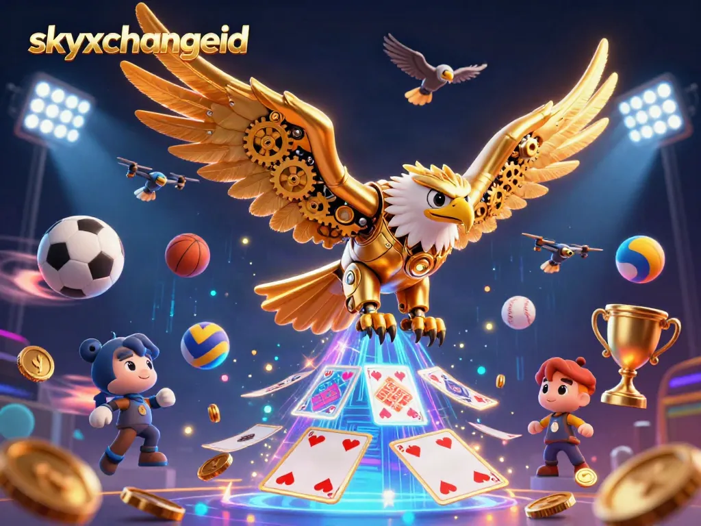 Experience thrilling action with skyxchangeid as the cybernetic eagle dives among sports elements and holographic cards.