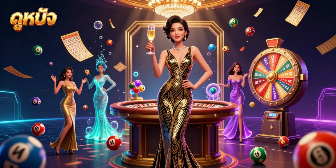 Experience ดูหนัง in style with vibrant casino elements featuring a glamorous woman and lottery dynamics.