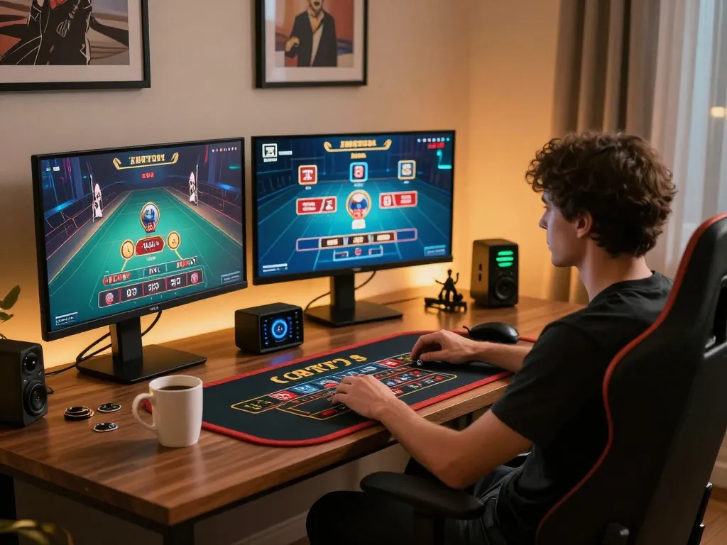Engage with link w188 at a sophisticated online gaming setup with multiple screens.