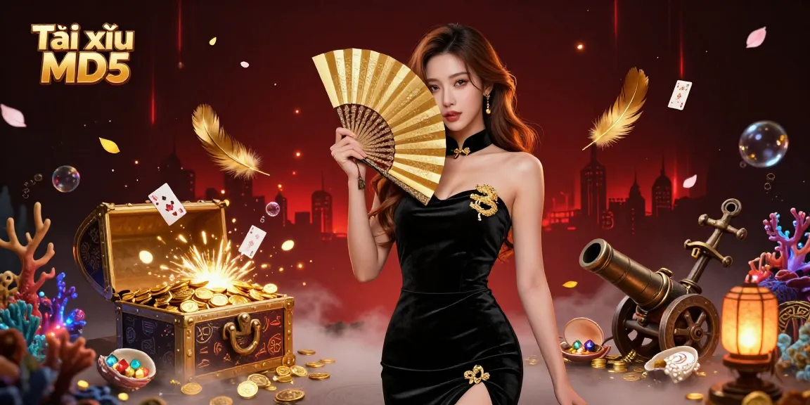 Tài xỉu MD5 showcases a stunning Asian woman captivating with elegance amid abundant gaming elements and treasures.