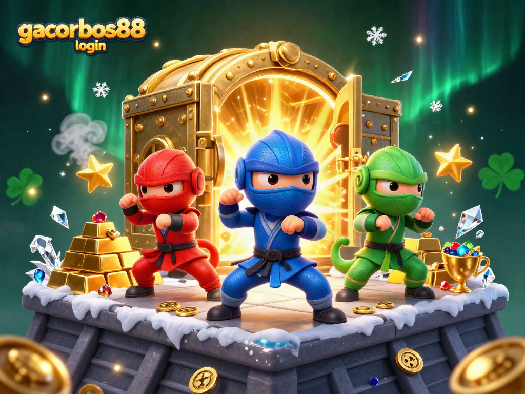 Experience the exhilaration of gacorbos88 login with a dynamic 3D scene showcasing a ninja chameleon team amidst treasures.