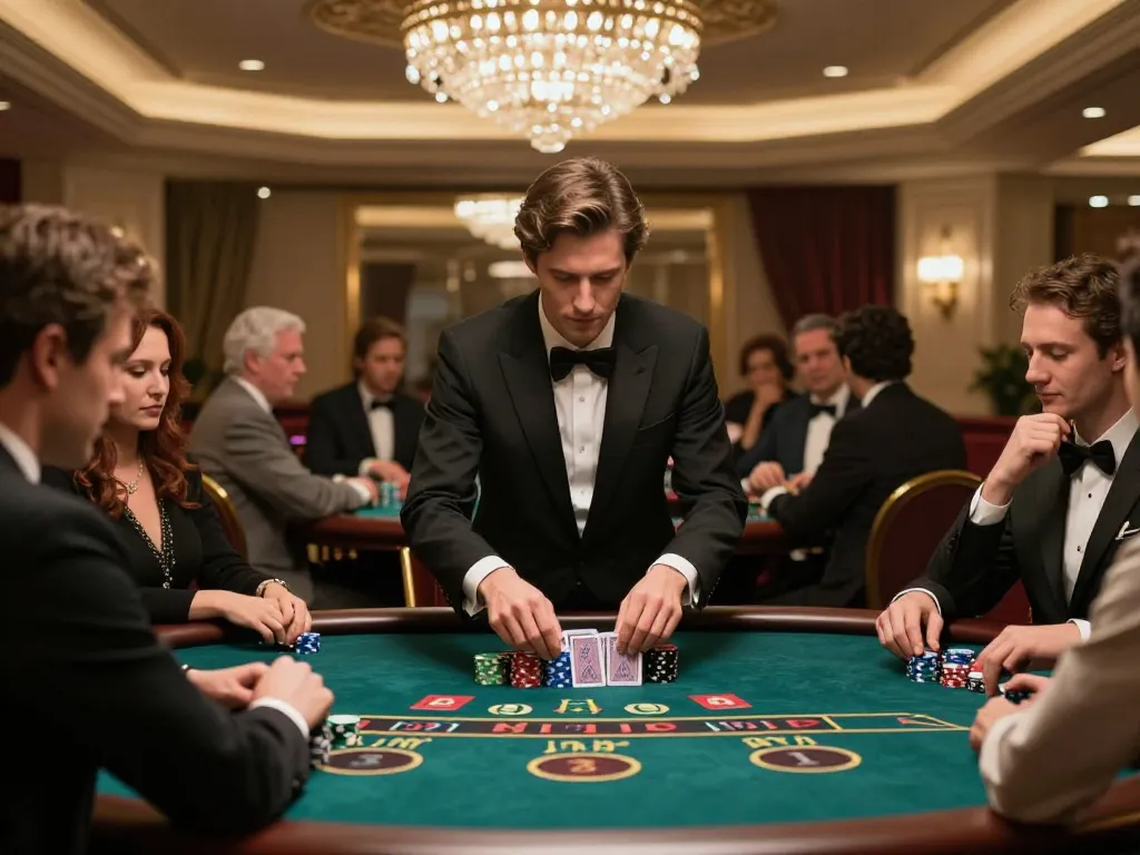 Player enjoying baccarat at a 99OK casino table, chips stacked and cards dealt, sophisticated ambiance.