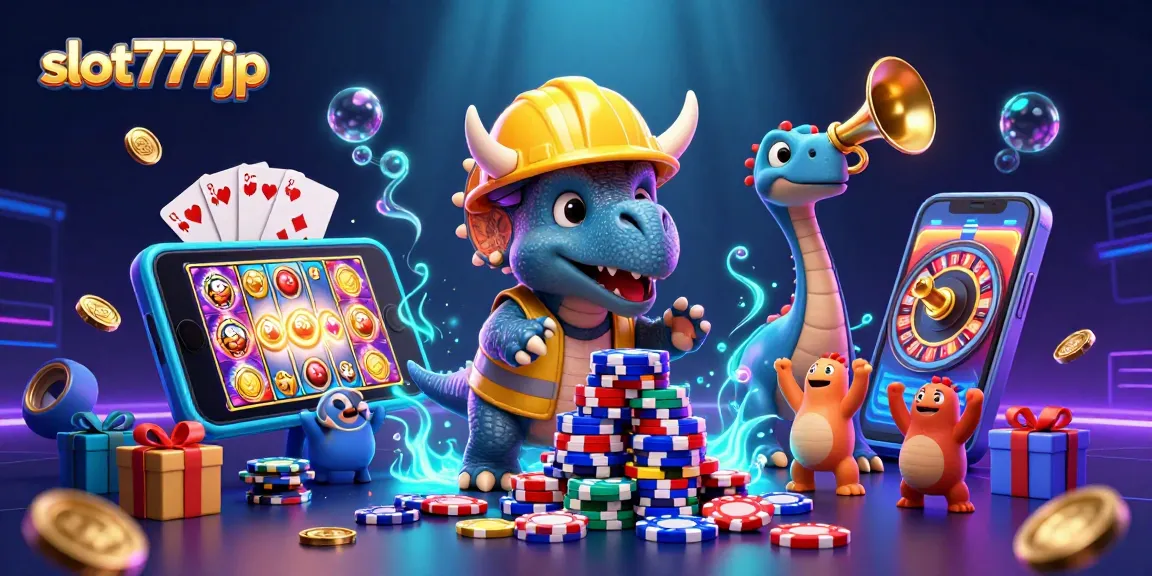 Engage with slot777jp through a vibrant 3D cartoon illustration showcasing jubilant characters and casino elements.