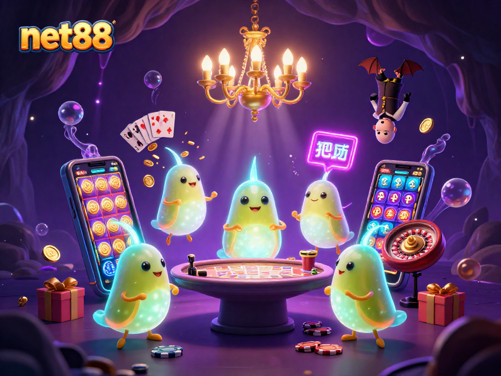 Experience thrilling gameplay at net88 with glowworms lighting up a vibrant cave casino atmosphere.