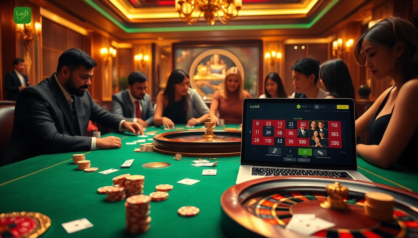 A thrilling scene of players gambling at Trang chủ Luck8, featuring poker chips, cards, and a roulette wheel.